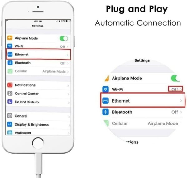 Lightning to Ethernet Adapter, [MFi Certified] Lightning to RJ45 Ethernet LAN Network with Connector Compatible with iPhone 14/13/12/11/iPad/iPod Models,Supports 100Mbps High Speed,Plug and Play