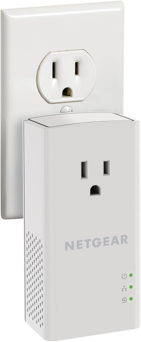 51v50HYSRLL._AC_SL1350_.jpg NETGEAR Powerline Adapter Kit, 1200 Mbps Wall-Plug, 1.2 Gigabit Ethernet Ports with Passthrough + Extra Outlet (PLP1200-100PAS)
