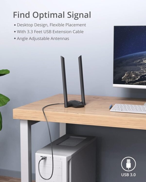 BrosTrend USB WiFi 6 Adapter AX1800 Long Range WiFi USB Adapter for PC Laptop Desktop 5GHz/1201Mbps + 2.4GHz/574Mbps Wireless WiFi Dongle USB3.0 with 2x High Gain Wi-Fi Antennas for Windows 11/10 ONLY