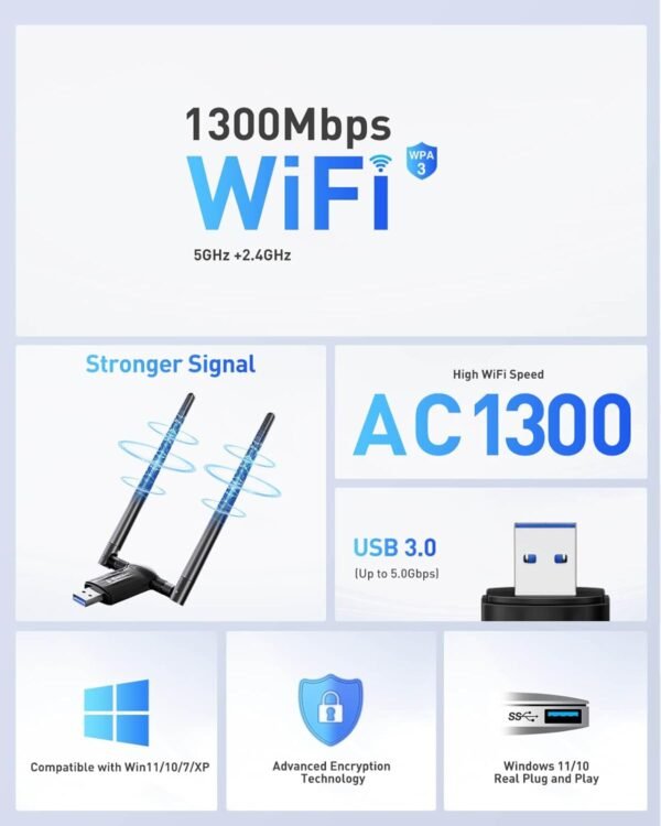 616RJIg8KoL._AC_SL1500_.jpg USB WiFi Adapter for Desktop PC - 1300Mbps Wi-Fi 5G 2.4G USB 3.0 Wireless Adapter with WiFi Antenna for Win11/10/7 WiFi Dongle for Desktop PC Laptop Internet Network Wi-Fi Card
