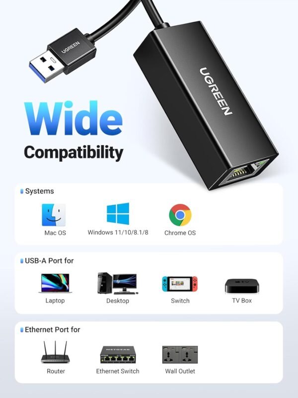 61Cp4wnPNjL._AC_SL1500_.jpg UGREEN USB to Ethernet Adapter, 1000Mbps Plug and Play Ethernet Adapter with USB 3.0, Driver Free, RJ45 LAN Network Dongle Compatible with Nintendo Switch, Laptop, PC, MacBook, Windows, macOS, Linux