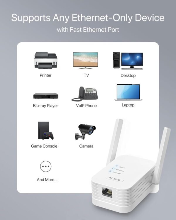AC1200Mbps Universal WiFi to Ethernet Adapter, Support Extended WiFi Disabling Functionality, 2.4G/5G Wireless Bridge w/ RJ45 Port for Printer, Smart TV, Blu-Ray Player, PlayStation, DVR, etc.