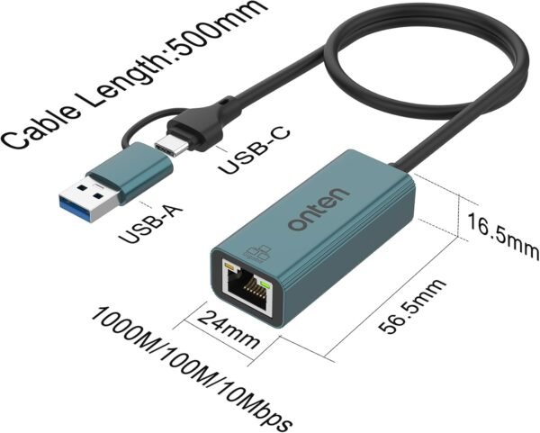61K4IFzxcDL._AC_SL1500_.jpg USB-A and USB-C to Ethernet Adapter,Driver Free RJ45 to USB C or USB A, Gigabit Ethernet LAN Network Adapter for Windows,Mac OS, iOS and More