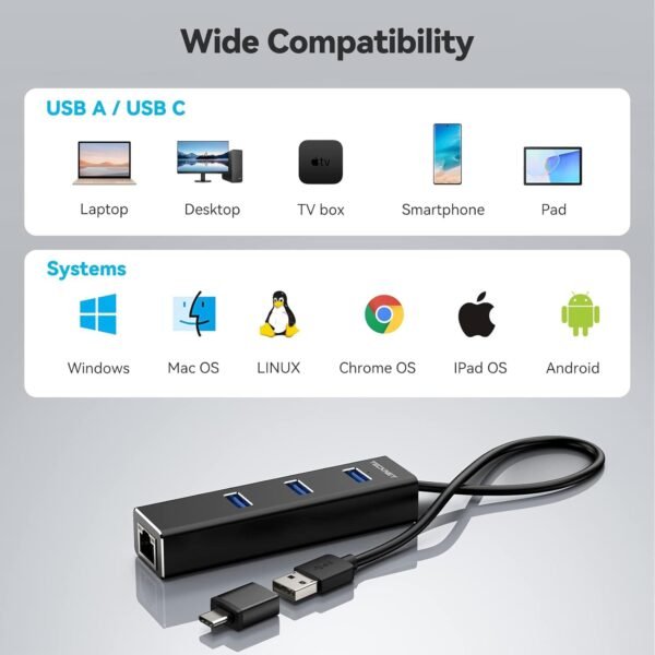 61VpfP3MGuL._AC_SL1500_.jpg TECKNET USB C to Ethernet, Aluminum 3 Port USB 3.0 Hub with RJ45 10/100/1000 Gigabit Ethernet Adapter Converter LAN Wired Network Adapter for Laptop