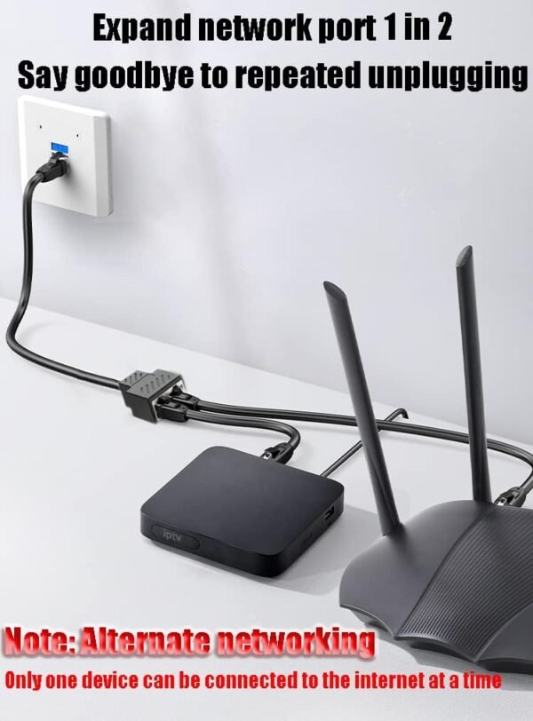 61XUYm4iOL._AC_SL1015_.jpg Ethernet Splitter 1 to 2 RJ45 Network Cable Adapter, Note Only Connect one Network at a Time, Compatible with ADSL/Computers/TVs/Routers (Only Support one Works at one time)