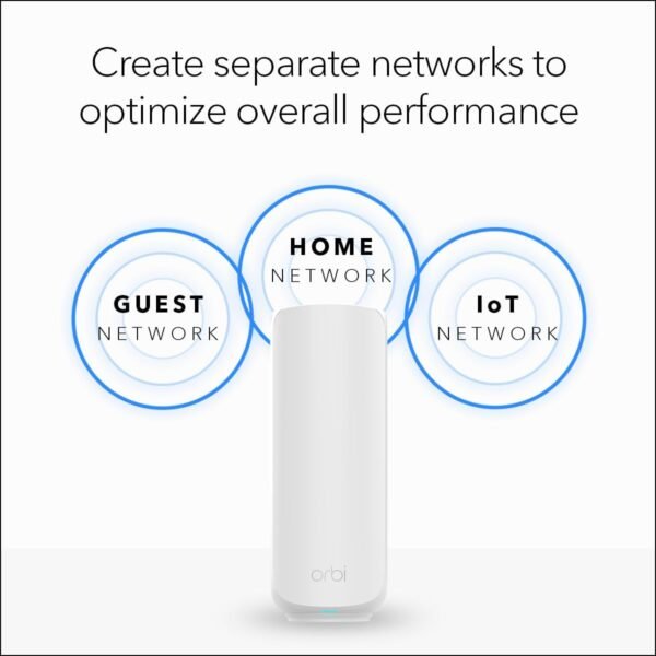 61dw8f0vOL._AC_SL1200_.jpg NETGEAR Orbi 370 Series Dual-Band WiFi 7 Mesh Network System for Home (RBE373) – Wireless Router + 2 Extenders, Security Features, 5 Gbps, Covers 6,000 sq.ft., 70 Devices, 2.5GB Internet Port, BE5000