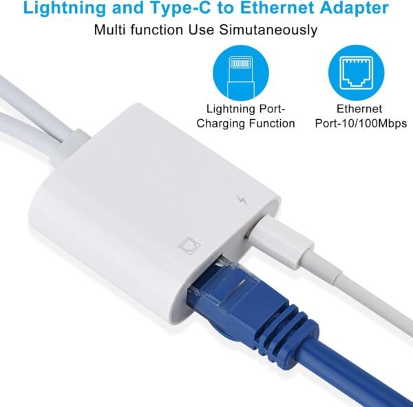 61k9HJZwoQL._AC_SL1500_.jpg Lightning and USB C to Ethernet Adapter,2 in 1 RJ45 Ethernet LAN Network Adapter with Charge Port Compatible with iPhone/iPad/iPod/Samsung and More,Supports 100Mbps Plug and Play