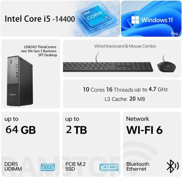 Lenovo ThinkCentre Neo 50s Gen 5 SFF Business Desktop, 14th Gen Intel 10-Core i5-14400, 32GB DDR5, 2TB SSD, DP, HDMI, VGA, DVD-RW, Wi-Fi 6, Wired Keyboard & Mouse, Windows 11 Pro, Flash Drive Bundle