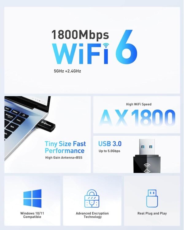 61pdeqMQQDL._AC_SL1500_.jpg USB WiFi Adapter for PC Desktop - WiFi 6 AX1800Mbps 5GHz 2.4GHz USB 3.0 Wireless Wi-Fi Network Adapter for Desktop Computer Laptop with High Gain Wi-Fi Antenna Supports Win11/10