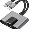 2 in 1 Lightning and Type C to RJ45 Ethernet 2 in 1 Lightning and Type C to RJ45 Ethernet Adapter Network Adapter,with Charge Port and 3.5mm Audio Jack Support, Plug and Play, Supports 100Mbps Ethernet Network, Compatible with iPhone 15