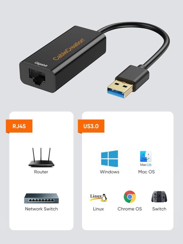 CableCreation USB to Ethernet Adapter, USB 3.0 to 10/100/1000 Gigabit Wired LAN Network Adapter Compatible with Nintendo Switch, Windows, MacBook, macOS, Mac Pro Mini, Laptop, PC-10PACK