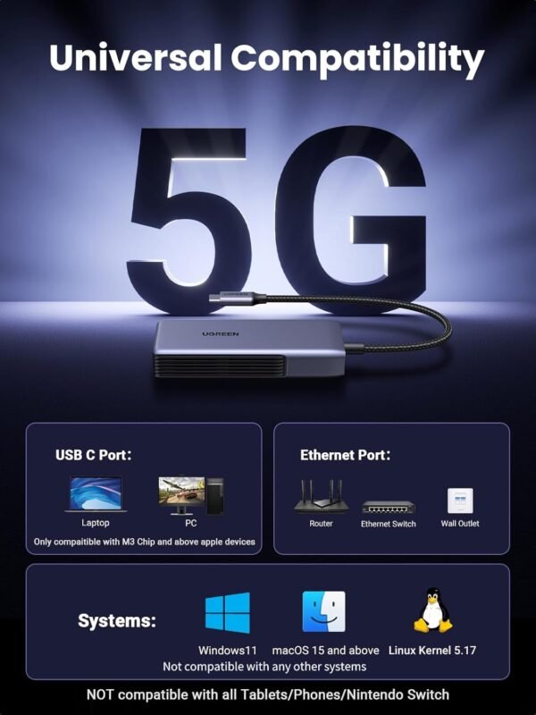 61ueXmI9AL._AC_SL1500_.jpg UGREEN USB C to Ethernet Adapter 5Gb, Ethernet Adapter for Laptop, Aluminum with Thermal Design, Type C (Thunderbolt 5/4/3 Compatible) to RJ45 Network LAN Internet, Compatible for MacBook Air/Pro, XPS