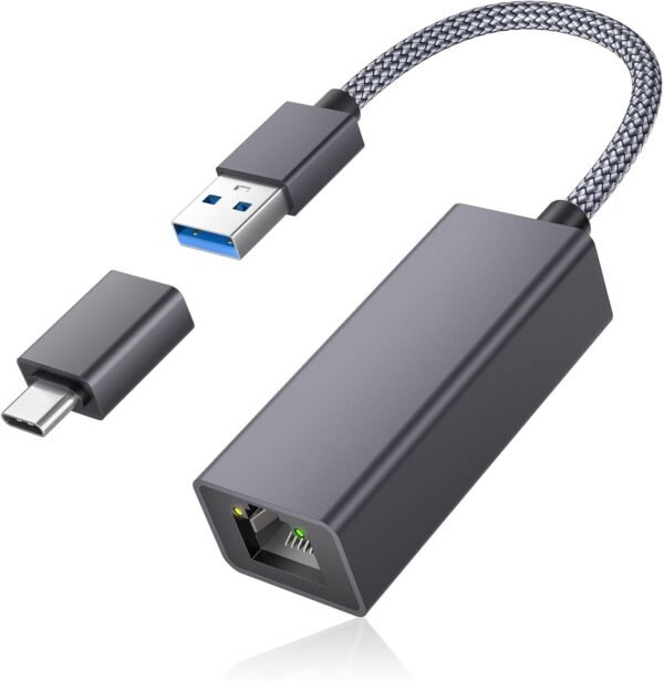 RUXELY USB 3.0 Gigabit Ethernet Adapter with USB-C Converter,1000Mbps RJ45 RUXELY USB 3.0 Gigabit Ethernet Adapter with USB-C Converter,1000Mbps RJ45 Connector,Wired LAN Network Adapter for Nintendo Switch,MacBook Air/Pro,Windows,MacOS,iPadOS,Tablets,Android,Linux,Laptop,PC