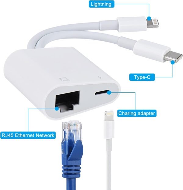 61y43nuakqL._AC_SL1500_.jpg Lightning and USB C to Ethernet Adapter,2 in 1 RJ45 Ethernet LAN Network Adapter with Charge Port Compatible with iPhone/iPad/iPod/Samsung and More,Supports 100Mbps Plug and Play