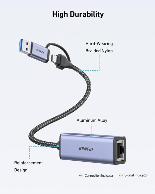 BENFEI USB 3.0 to Ethernet Adapter, USB C to RJ45 Gigabit LAN (1000Mbps) Network Adapter, Compatible with MacBook/Pro/Air, Surface Pro, Windows 11/10/8/7, Mac OS [Aluminium Shell&Nylon Cable]