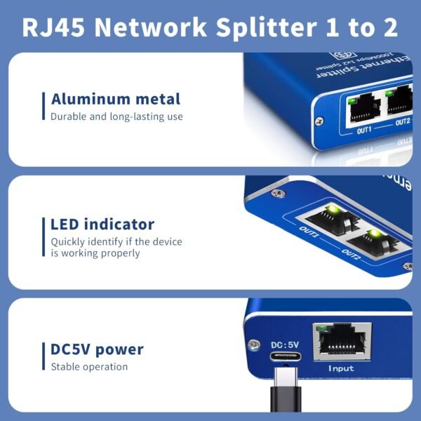 STEAMEMO Gigabit Ethernet Splitter 1 to 2, Network Ethernet Splitter, LAN Splitter with USB Power Cable, RJ45 Splitter 1000Mbps High Speed for Cat5/5e/6/7/8 Cable [2 Devices Networked Simultaneously]