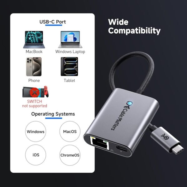 Cable Matters USB C to Ethernet Adapter with 140W Charging, Gigabit Ethernet to USB C Adapter, Compatible with MacBook Pro, Dell XPS, Surface, Up to 480Mbps for Chromecast with Google TV -2020 & Later