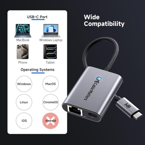 Cable Matters USB C to 2.5Gb Ethernet Adapter with 140W Charging, 2.5 Gigabit Network Speed, USB C to Ethernet Adapter Compatible with USB4, Thunderbolt 4/5, MacBook, Laptop, and USBC Devices