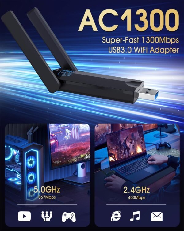 713IqDb5FfL._AC_SL1500_.jpg Wireless USB 3.0 WiFi Adapter for Desktop PC, AC 1300Mbps USB WiFi Dual-Band Network Adapter for PC with 400Mbps/2.4G 867Mbps/5G,Dual 5Dbi Antennas, Wireless WiFi Dongle for Windows11/10/8/7/Vista/XP