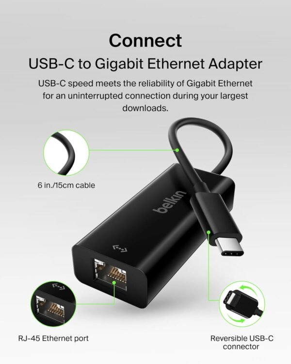 7192vVNc6JL._AC_SL1500_.jpg Belkin USB-C to Ethernet Adapter, Gigabit Ethernet Port Compatible w/ USB-C Devices, USB-C to Ethernet Cable for MacBook Pro & Dell XPS 13” Laptops, Ethernet USB-C Hub, Ethernet USB-C Adapter - Black