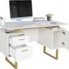 Techni Mobili Storage Drawers and Cabinet 51.25” W-Modern Office Large Floating Desktop Surface Desk, 23.6" D x 51.2" W x 29.8" H, White/Gold