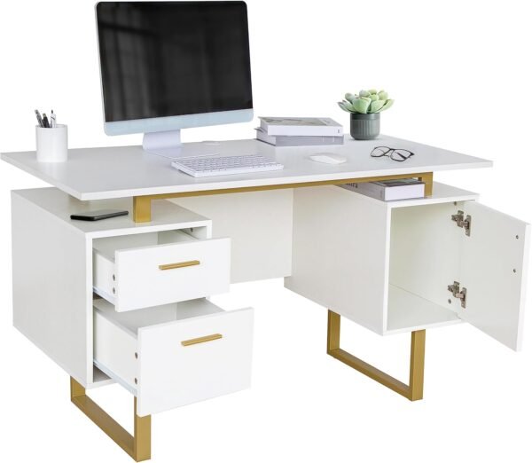 Techni Mobili Storage Drawers and Cabinet 51.25” W-Modern Office Large Floating Desktop Surface Desk, 23.6" D x 51.2" W x 29.8" H, White/Gold