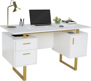 Techni Mobili Storage Drawers and Cabinet 51.25” W-Modern Office Large Techni Mobili Storage Drawers and Cabinet 51.25” W-Modern Office Large Floating Desktop Surface Desk, 23.6" D x 51.2" W x 29.8" H, White/Gold