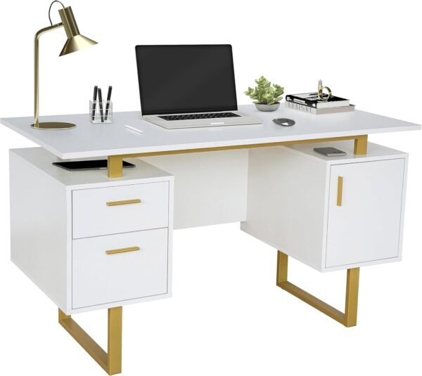 Techni Mobili Storage Drawers and Cabinet 51.25” W-Modern Office Large Floating Desktop Surface Desk, 23.6" D x 51.2" W x 29.8" H, White/Gold