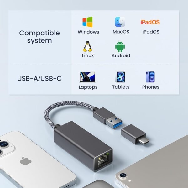 71FMGbtSDL._AC_SL1500_.jpg RUXELY USB 3.0 Gigabit Ethernet Adapter with USB-C Converter,1000Mbps RJ45 Connector,Wired LAN Network Adapter for Nintendo Switch,MacBook Air/Pro,Windows,MacOS,iPadOS,Tablets,Android,Linux,Laptop,PC