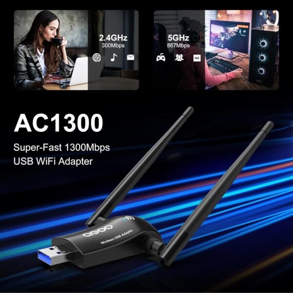 71L6amFgT9L._AC_SL1500_.jpg Wireless WiFi Adapter for Desktop PC - QGOO AC1300Mbps USB 3.0 Network Dongle with 5dBi High Gain Dual Antennas, 2.4GHz/5GHz Dual Band for Laptop Computer Compatible Windows11/10/8