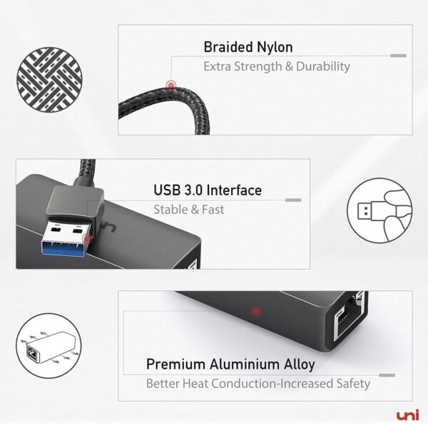 71T5N7sGhGL._AC_SL1500_.jpg uni USB to Ethernet Adapter, Driver Free USB 3.0 to Gigabit Ethernet LAN Network Adapter, 100/1000 Mbps RJ45 Internet Adapter Compatible with Laptop, MacBook, Surface, PC with Windows, XP, Mac/Linux