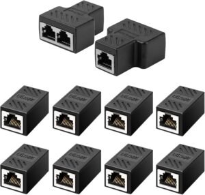 RJ45 Ethernet Splitter Adapter Kit, 2PCS 1-to-2 LAN Cable Splitters RJ45 Ethernet Splitter Adapter Kit, 2PCS 1-to-2 LAN Cable Splitters with 8PCS RJ45 Coupler Extenders, Compatible with Cat5/Cat5e/Cat6/Cat7, Internet Network Extension Set (10-Pack)