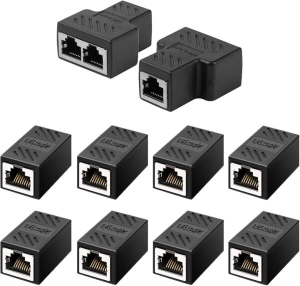 RJ45 Ethernet Splitter Adapter Kit, 2PCS 1-to-2 LAN Cable Splitters RJ45 Ethernet Splitter Adapter Kit, 2PCS 1-to-2 LAN Cable Splitters with 8PCS RJ45 Coupler Extenders, Compatible with Cat5/Cat5e/Cat6/Cat7, Internet Network Extension Set (10-Pack)