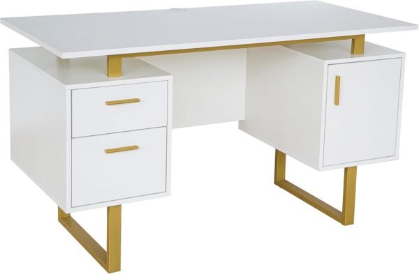 Techni Mobili Storage Drawers and Cabinet 51.25” W-Modern Office Large Floating Desktop Surface Desk, 23.6" D x 51.2" W x 29.8" H, White/Gold