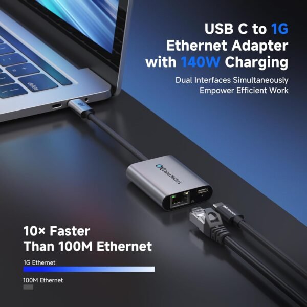Cable Matters USB C to Ethernet Adapter with 140W Charging, Gigabit Ethernet to USB C Adapter, Compatible with MacBook Pro, Dell XPS, Surface, Up to 480Mbps for Chromecast with Google TV -2020 & Later