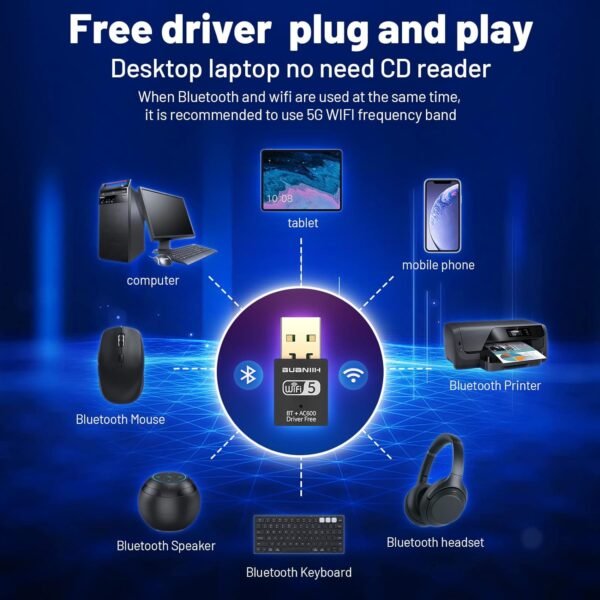 WiFi Adapter for Desktop PC,USB WiFi Adapter,Bluetooth&WiFi 2-in-1,600Mbps 2.4/5.8Ghz Dual Band Wireless Network,Plug and Play, for PC/Laptop/Desktop,Support Win7/8/8.1/10/11