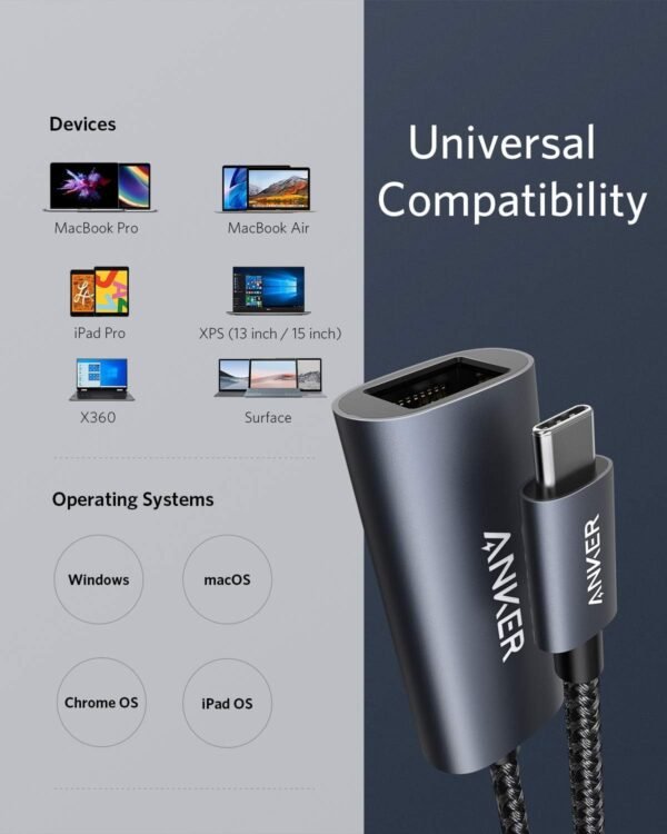 Anker USB C 3.0 to Ethernet Adapter, Portable 1-Gigabit Network Hub, 10/100/1000 Mbps, for MacBook Pro, iPad Pro 2019/2018, ChromeBook, XPS, Galaxy S9/S8, and More