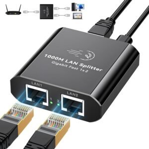 Ethernet Splitter 1 to 2 1000Mbps Internet Cable Splitter 1 Ethernet Splitter 1 to 2 1000Mbps Internet Cable Splitter 1 in 2 Out High Speed Either Network Splitter Gigabit Dual LAN RJ45 Port Router Switch Work with Cat6/7/8 Cable