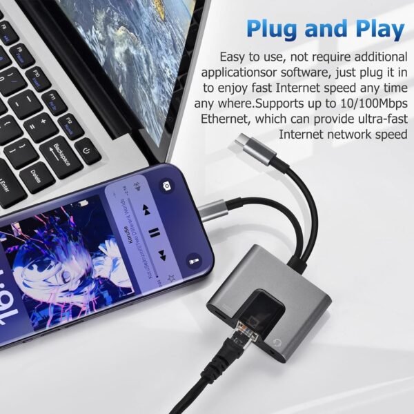 71pewJr83TL._AC_SL1500_.jpg 2 in 1 Lightning and Type C to RJ45 Ethernet Adapter Network Adapter,with Charge Port and 3.5mm Audio Jack Support, Plug and Play, Supports 100Mbps Ethernet Network, Compatible with iPhone 15