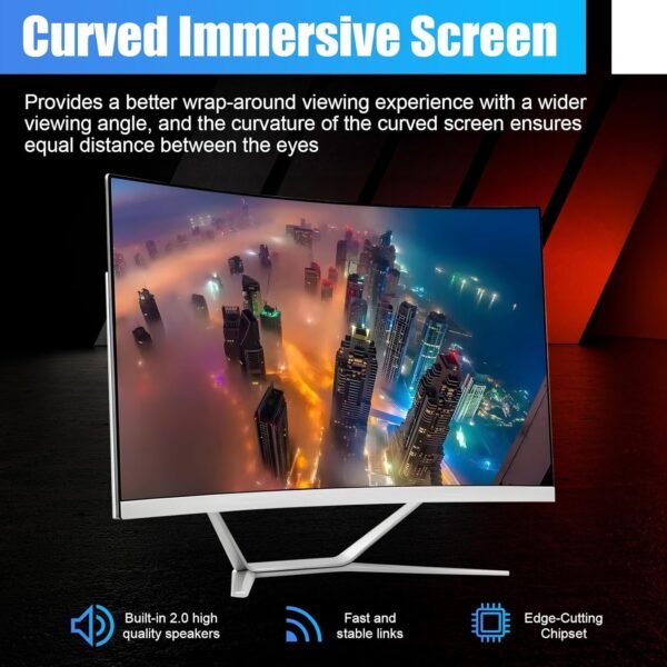 All-in-One Desktop Computer PC, 24" FHD Curved Display Monitor AMD R5 Quad-Core Processor, 8GB, 512GB SSD, Dual-Band Wi-Fi, Bluetooth, 4 USB, HDMI, VGA, Keyboard & Mouse for Home Study Office Gaming