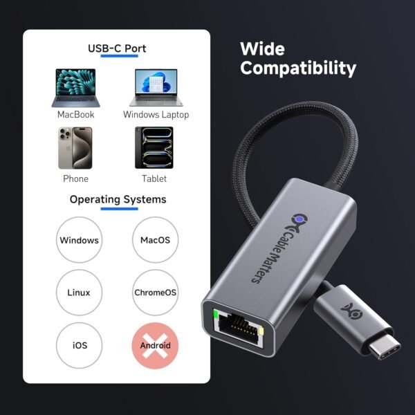 Cable Matters USB C to 2.5Gb Ethernet Adapter, 2.5 Gigabit Network Speed, USB C to Ethernet Adapter Compatible with USB 4, Thunderbolt 4/5, Plug & Play for MacBook, Laptop, and USBC Devices