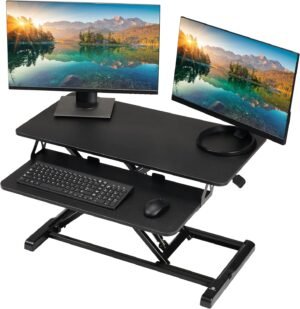 TechOrbits Standing Desk Converter - 32 Inch Adjustable Sit to TechOrbits Standing Desk Converter - 32 Inch Adjustable Sit to Stand Up Workstation, Particle Board, Dual Monitor Desktop Riser with Keyboard Tray, for Home Office Laptop, Black 32"
