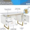 Techni Mobili Storage Drawers and Cabinet 51.25” W-Modern Office Large Floating Desktop Surface Desk, 23.6" D x 51.2" W x 29.8" H, White/Gold