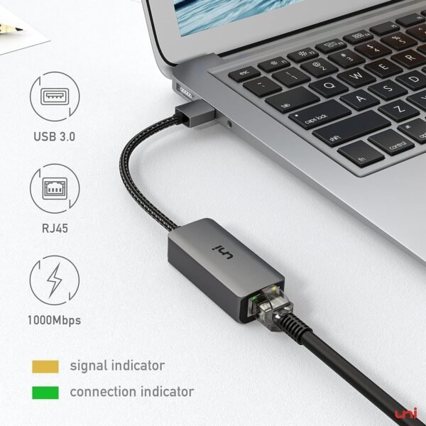 81owm9yReFL._AC_SL1500_.jpg uni USB to Ethernet Adapter, Driver Free USB 3.0 to Gigabit Ethernet LAN Network Adapter, 100/1000 Mbps RJ45 Internet Adapter Compatible with Laptop, MacBook, Surface, PC with Windows, XP, Mac/Linux