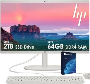 HP All-in-One Desktop PC| 64GB RAM| 1TB PCIe SSD| 22" HP All-in-One Desktop PC| 64GB RAM| 1TB PCIe SSD| 22" Full HD Display, Anti-Glare| Intel Dual-core Processor| KB&Mouse| HDMI, USB-C, Wi-Fi 6| Windows 11 | Cashmere White| for Business & Personal Use