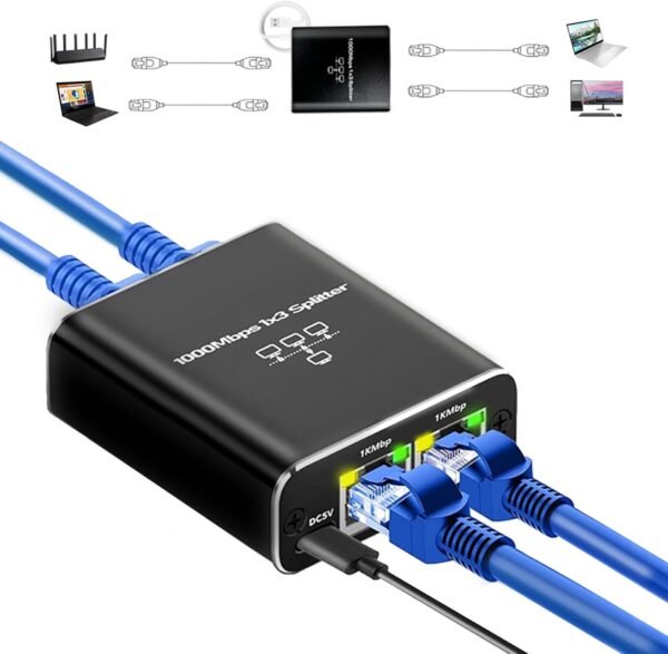 Gigabit Ethernet Splitter High Speed 1 to 3, 1000Mbps LAN Gigabit Ethernet Splitter High Speed 1 to 3, 1000Mbps LAN Splitter (3 Devices Simultaneous Networking), RJ45 Splitter Adapter with USB Power Cable, Internet Splitter for Cat5/5e/6/7/8 Cable