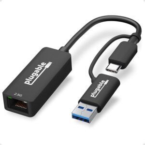 Plugable 2.5G USB-C and USB to Ethernet Adapter – Dual-Connector Plugable 2.5G USB-C and USB to Ethernet Adapter – Dual-Connector 2-in-1 USB-C to RJ45 2.5Gbps LAN, Compatible with Thunderbolt 5 & 4, USB4, USB 3.0, Windows, Mac, ChromeOS, iPhone 15 & 16
