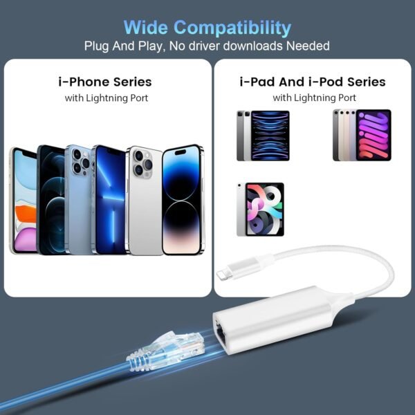 [MFi Certified] Lightning to Ethernet Adapter, 100Mbps Lightning to RJ45 Ethernet LAN Network Adapter, Compatible for i-Phone 14/13/12/11/i-Pad/i-Pod, Plug and Play (Non-POE)