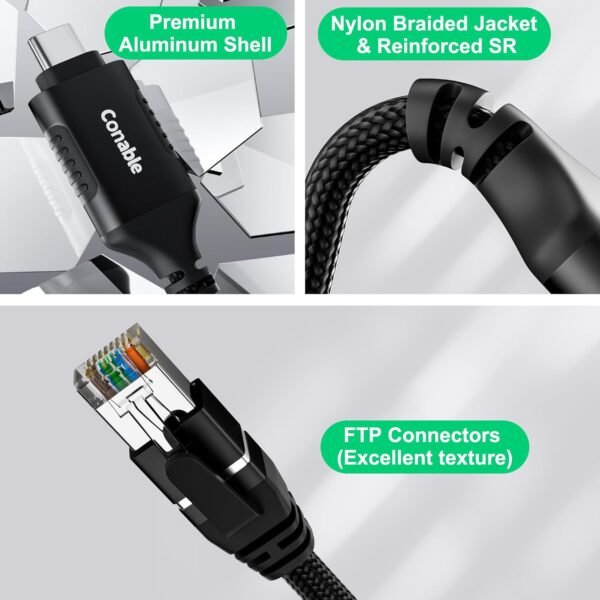 USB C to Ethernet Cable 2 FT, USB Type C to RJ45 Nylon Braided Cord, Gigabit Directly Connected, USB-C to Network Internet Adapter, Compatible with MacBook Pro, iPad Pro, Smartphone, Laptop, PC