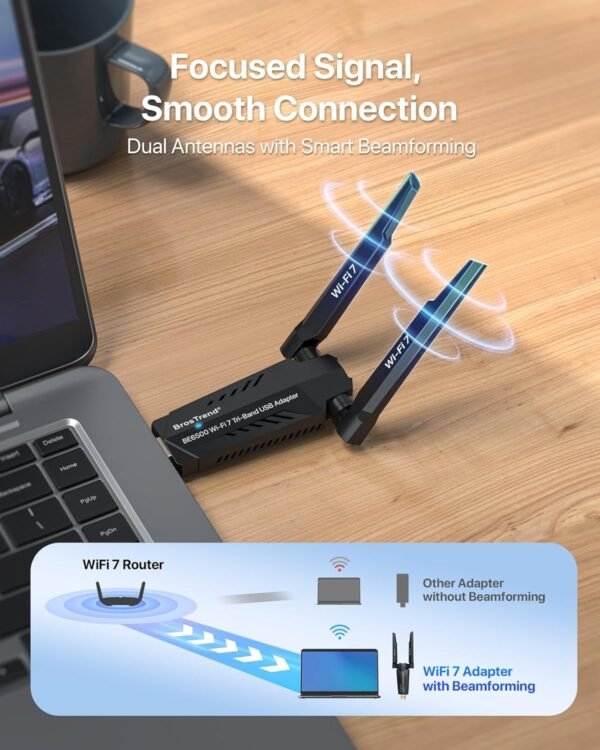 BrosTrend BE6500 USB WiFi 7 Adapter, Tri-Band Long Range USB WiFi Adapter for Desktop PC Laptop, Wireless Dongle 6GHz + 5GHz + 2.4G, Ultra-Low Latency Wi-Fi Antenna PC Gaming for Windows 11/10, 4K-QAM